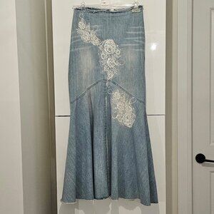 ROCCOBAROCCO DENIM EMBROIDERED Lace Maxi Mermaid SKIRT - ITALY